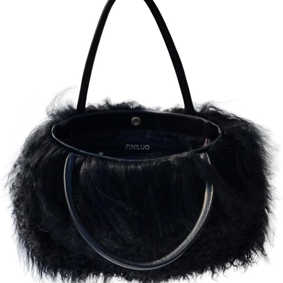 Women Luxury Real Lamb Mongolian Flush Wool Fur With Genuine Leather Handles Han - Picture 4 of 9